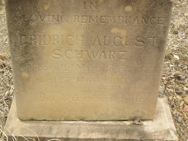 Fridrich August SCHWARZ,  | born 16 March 1847,  | died 27 March 1900;  | Coulson General Cemetery, Scenic Rim Region  | 