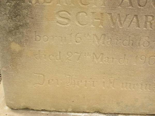 Fridrich August SCHWARZ,  | born 16 March 1847,  | died 27 March 1900;  | Coulson General Cemetery, Scenic Rim Region  | 