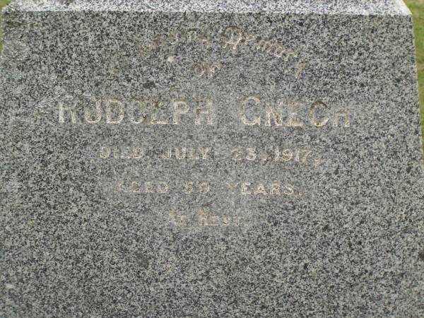 Rudolph GNECH,  | died 23 July 1917 aged 59 years;  | Hermine GNECH,  | wife,  | died 3 Oct 1940 aged 73 years;  | Coulson General Cemetery, Scenic Rim Region  | 