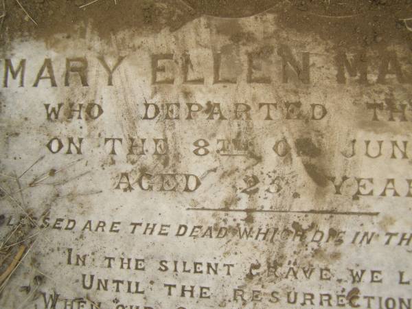 Mary Ellen MAUDSLEY,  | died 8 June 1886 aged 25 years;  | Coulson General Cemetery, Scenic Rim Region  | 