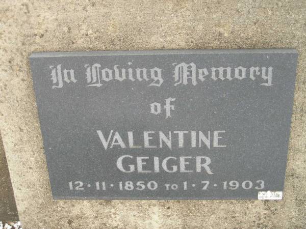 Valentine GEIGER,  | 12-11-1850 - 1-7-1903;  | Coulson General Cemetery, Scenic Rim Region  | 