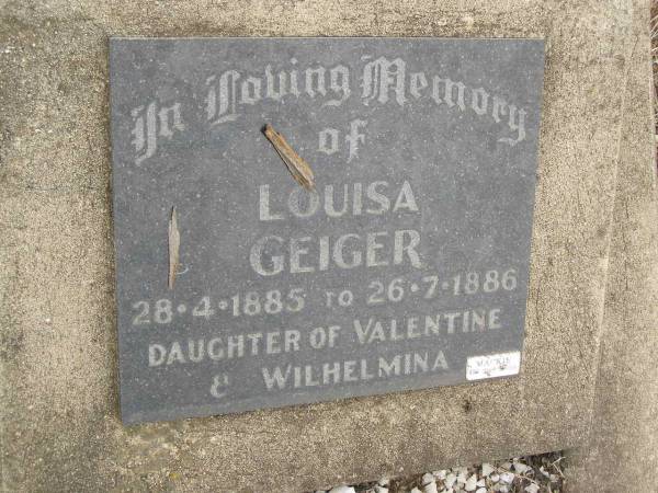 Louisa GEIGER,  | 28-4-1885 - 26-7-1886,  | daughter of Valentine & Wilhelmina;  | Coulson General Cemetery, Scenic Rim Region  | 