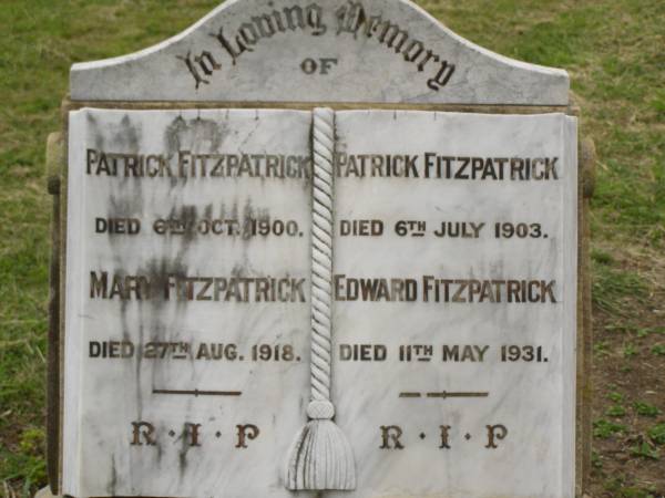 Patrick FITZPATRICK,  | died 6 Oct 1900;  | Mary FITZPATRICK,  | died 27 AUg 1918;  | Patrick FITZPATRICK,  | died 6 July 1903;  | Edward FITZPATRICK,  | died 11 May 1931;  | Coulson General Cemetery, Scenic Rim Region  | 