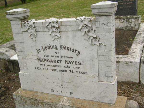 Margaret HAYES,  | mother,  | died 24 Aug 1932 aged 76 years;  | Coulson General Cemetery, Scenic Rim Region  | 