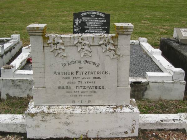 Arthur FITZPATRICK,  | died 23 July 1939 aged 79 years;  | Hulda FITZPATRICK,  | died 26 Oct 1950 aged 80 years;  | Coulson General Cemetery, Scenic Rim Region  | 