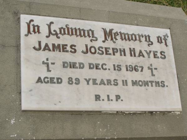 James Joseph (Jim) HAYES,  | died 15 Dec 1967 aged 89 years 11 months;  | Coulson General Cemetery, Scenic Rim Region  | 