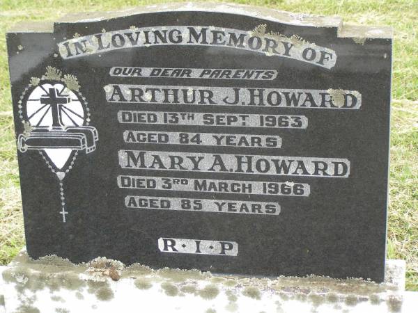 Arthur HOWARD,  | died 13 Sept 1963 aged 84 years;  | Mary A. HOWARD,  | died 3 March 1966 aged 85 years;  | parents;  | Coulson General Cemetery, Scenic Rim Region  | 