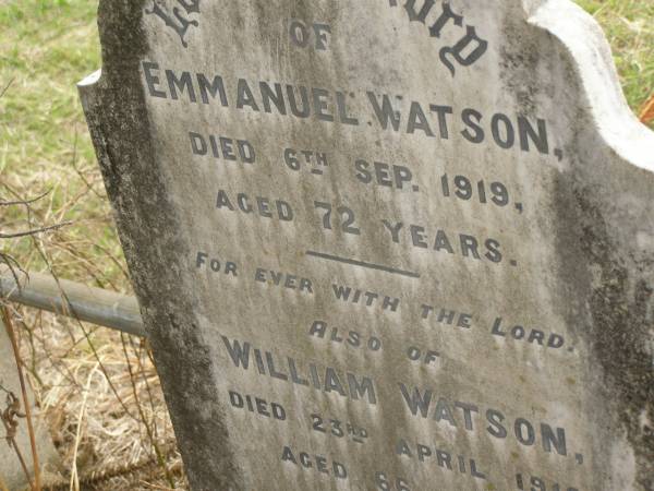 Emmanuel WATSON,  | died 6 Sept 1919 aged 72 years;  | William WATSON,  | died 23 April 1919 aged 66 years;  | Coulson General Cemetery, Scenic Rim Region  | 