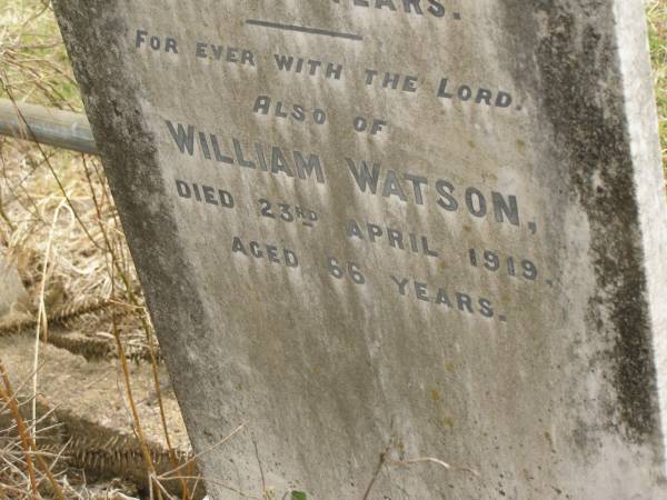 Emmanuel WATSON,  | died 6 Sept 1919 aged 72 years;  | William WATSON,  | died 23 April 1919 aged 66 years;  | Coulson General Cemetery, Scenic Rim Region  | 