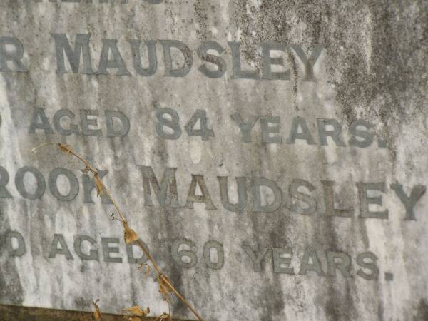 John Booker MAUDSLEY,  | died 9 July 1939 aged 84 years;  | Elizabeth Tilbrook MAUDSLEY,  | died 30 May 1930 aged 60 years;  | parents;  | Coulson General Cemetery, Scenic Rim Region  | 