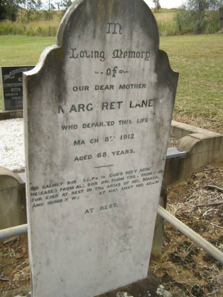 Margaret LANE,  | mother,  | died 8 March 1912 aged 68 years;  | Coulson General Cemetery, Scenic Rim Region  | 