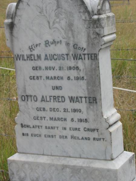 Gustav WATTER,  | born 30 May 1855,  | died 11 Nov 1916;  | Wilhelm August WATTER,  | born 21 Nov 1905,  | died 5 March 1915;  | Otto Alfred WATTER,  | born 21 Dec 1910,  | died 5 March 1915;  | Coulson General Cemetery, Scenic Rim Region  | 