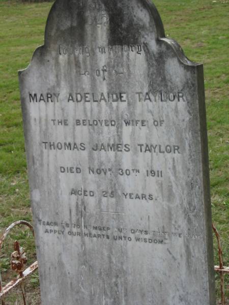 Mary Adelaide TAYLOR,  | wife of Thomas James TAYLOR,  | died 30 Nov 1911 aged 25 years;  | Coulson General Cemetery, Scenic Rim Region  | 