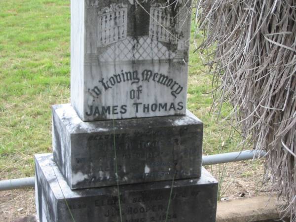 James Thomas,  | husband of Ellen HOOPER,  | died 20 March 1910 aged 65 years;  | Ellen,  | wife of J.T. HOOPER,  | died 2 June 1934 aged 87 years;  | Coulson General Cemetery, Scenic Rim Region  | 