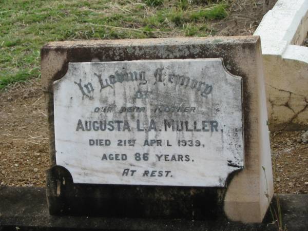 Augusta L.A. MULLER,  | mother,  | died 21 April 1939 aged 86 years;  | Coulson General Cemetery, Scenic Rim Region  | 