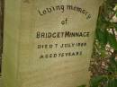 Bridget MINNAGE, died 7 July 1888 aged 75 years; Edward MINNAGE, son, 1862 - 1939; Coulson General Cemetery, Scenic Rim Region 
