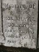 John W. JOHNSON, died 16 Oct 1946 aged 76 years; Rosanna F.E. JOHNSON, died 11 March 1965 aged 89 years; parents; Coulson General Cemetery, Scenic Rim Region 