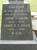 John G. GOAN, 1853 - 1936; Annie E.F. GOAN, 1864 - 1940; parents; Coulson General Cemetery, Scenic Rim Region 
