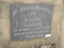 
Louisa GEIGER,
28-4-1885 - 26-7-1886,
daughter of Valentine & Wilhelmina;
Coulson General Cemetery, Scenic Rim Region
