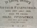 Arthur FITZPATRICK, died 23 July 1939 aged 79 years; Hulda FITZPATRICK, died 26 Oct 1950 aged 80 years; Coulson General Cemetery, Scenic Rim Region 