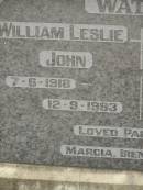 
William Leslie John WATERS,
7-6-1918 - 12-9-1993;
Lucy Isabelle WATERS (nee LANE),
20-3-1914 - 12-1-1999;
parents of Marcia, Irene & Peter;
Coulson General Cemetery, Scenic Rim Region
