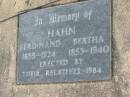 Ferdinand HAHN, 1855 - 1924; Bertha HAHN, 1853 - 1940; Coulson General Cemetery, Scenic Rim Region 