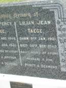 Errol Percy TAEGE, born 4 Aug 1940, died 5 Aug 1941, missed by father & brother Percy & Desmond; Lilian Jean TAEGE, born 5 Jan 1921, died 30 Sept 1940, missed by husband & son Percy & Desmond; Percy TAEGE, husband father, 13-2-1914 - 8-2-1993; Coulson General Cemetery, Scenic Rim Region 