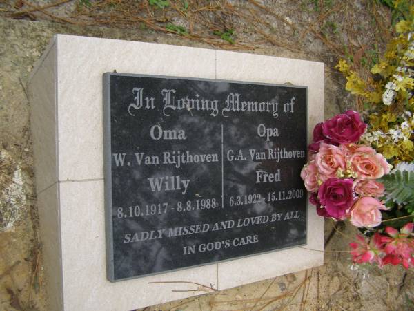 Willy W Van RIJTHOVEN  | b: 8 Oct 1917  | d: 8 Aug 1988  |   | Fred G.A. Van RIJTHOVEN  | b: 6 Mar 1922  | d: 15 Nov 2009  |   | Diddillibah Cemetery, Maroochy Shire  |   | 