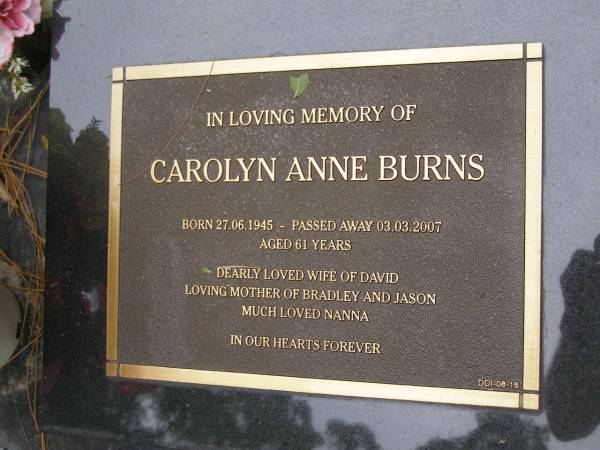 Carolyn Anne BURNS  | b: 27 Jun 1945  | d: 3 Mar 2007 aged 61  |   | wife of David  | mother of Bradley, Jason  |   | Diddillibah Cemetery, Maroochy Shire  |   | 
