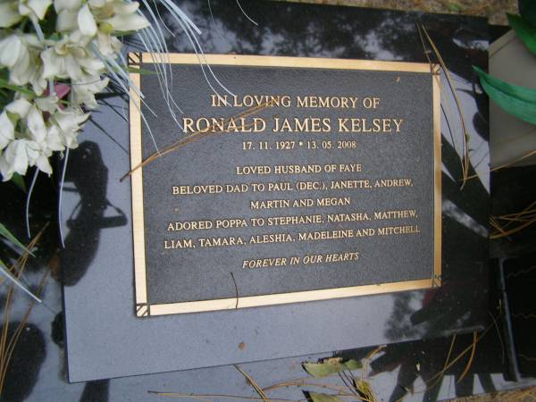 Ronald James KELSEY  | b: 17 Nov 1927  | d: 13 May 2008  |   | husband of Faye  | father to Paul (dec), Janette, Andrew, Martin, Megan  | grandfather to Stephanie, Natasha, Matthew, Liam, Tamara, Aleshia, Madeline Mitchell  |   | Diddillibah Cemetery, Maroochy Shire  |   | 