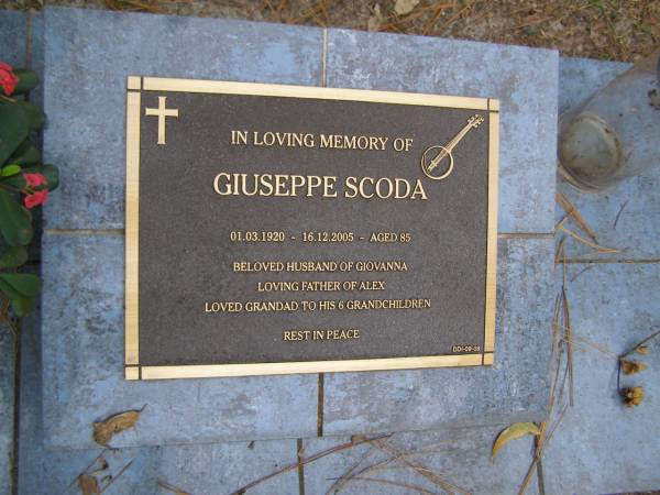 Guiseppe SCODA  | b: 1 Mar 1920  | d: 16 Dec 2005 aged 85  |   | husband of Giovanna  |   | Diddillibah Cemetery, Maroochy Shire  |   | 