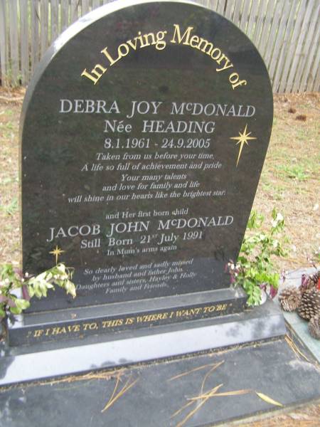 Debra Joy McDONALD (nee HEADING)  | b: 8 Jan 1961  | d: 24 Sep 2005  |   | and her first born child  | Jacob John McDONALD  | still born 21 Jul 1991  |   | husband and father John  | daughters and sisters Hayley, Holly  |   | Diddillibah Cemetery, Maroochy Shire  |   | 