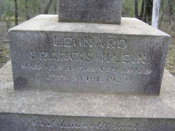 Leonard Francis KLEIN,  | 1909 - 1929,  | accidentally killed 12 April 1929;  | Douglas Catholic cemetery, Crows Nest Shire  | 