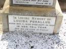 
Johann J. PUKALLUS,
born 2 July 1844
died 6 Dec 1922 aged 78 years 5 months;
Louisa PUKALLUS,
born 11 Nov 1850
died 19 Sept 1928 in 79th year;
Douglas Lutheran cemetery, Crows Nest Shire

