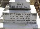 
August Daniel HARTWIG,
born 25 Oct 1850 died 16 Dec 1921;
Wilhelmine Emelia Amalia HARTWIG, wife,
born 18 April 1855 died 10 Sept 1930;
Douglas Lutheran cemetery, Crows Nest Shire
