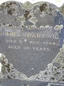 
Sophia HARTWIG,
died 9 Nov 1944 aged 65 years;
Johannes C.F. HARTWIG,
died 3 ??? ??? aged 6? years;
Douglas Lutheran cemetery, Crows Nest Shire
