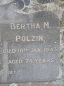 
Johann J. POLZIN,
died 10 May 1939 aged 80 years;
Bertha M. POLZIN,
died 10 Jan 1933 aged 74 years;
Douglas Lutheran cemetery, Crows Nest Shire
