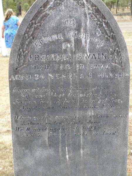 Frederic SWAIN,  | died 19 Feb 1900 aged 24 years 4 months;  | Douglas Lutheran cemetery, Crows Nest Shire  | 