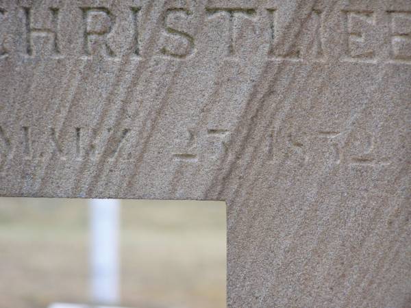 Christlieb PRIEBE,  | born 23 March 1832? (1852?) in Pommern,  | died 25 August 1898 in Bergen;  | Friederike PRIEBE,  | born 4 Dec 1849 in Pommern,  | died 4 June 1912 in Bergen;  | Douglas Lutheran cemetery, Crows Nest Shire  | 