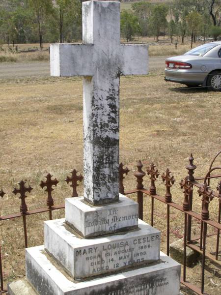 Mary Louisa GESLER,  | born 13 August 1886  | died 14 May 1899 aged 12 years;  | Douglas Lutheran cemetery, Crows Nest Shire  | 