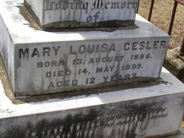 Mary Louisa GESLER,  | born 13 August 1886  | died 14 May 1899 aged 12 years;  | Douglas Lutheran cemetery, Crows Nest Shire  | 