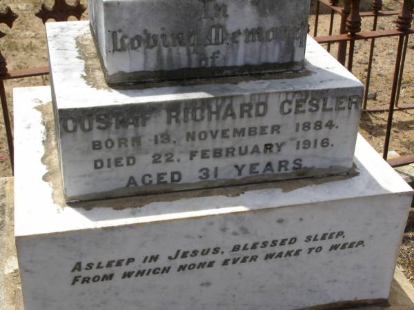 Mary Paulina GESLER,  | wife of Otto GESLER,  | born 13 March 1861  | died 6 October 1900 aged 39 years;  | Gustaf Richard GESLER,  | born 13 November 1884  | died 22 February 1916 aged 31 years;  | Douglas Lutheran cemetery, Crows Nest Shire  | 