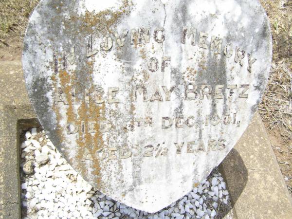 Alice May BRETZ,  | died 6 Dec 1901 aged 2 1/2 years;  | Douglas Lutheran cemetery, Crows Nest Shire  | 