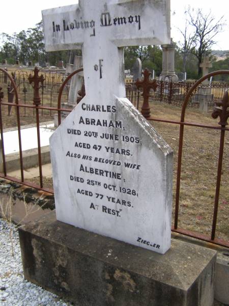 Charles ABRAHAM,  | died 20 June 1905 aged 47 years;  | Albertine, wife,  | died 25 Oct 1928 aged 77 years;  | Douglas Lutheran cemetery, Crows Nest Shire  | 