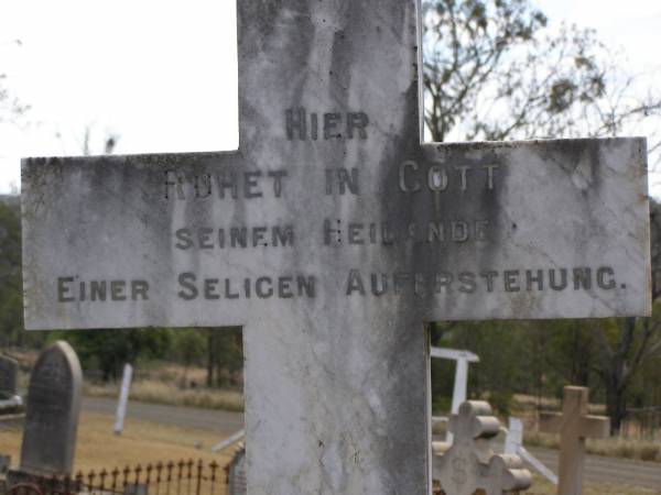 Carl Friedrich HARTWIG,  | born 30 Sept 1860,  | died 31 Oct 1906 in Douglas;  | Elizabeth HARTWIG (nee ROSE),  | born 24 Aug 1863,  | died 15 July 1938;  | Douglas Lutheran cemetery, Crows Nest Shire  | 