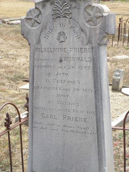 Wilhelmine PRIEBE (nee BRUNWALD),  | born 26 Sept 1870 Prussia,  | died 30 May 1907 Bergen,  | wife of Carl PRIEBE;  | Douglas Lutheran cemetery, Crows Nest Shire  | 