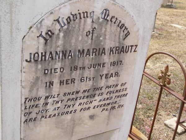 Johanna Maria KRAUTZ,  | died 18 June 1917 in 61st year;  | Douglas Lutheran cemetery, Crows Nest Shire  | 