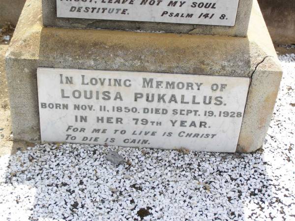 Johann J. PUKALLUS,  | born 2 July 1844  | died 6 Dec 1922 aged 78 years 5 months;  | Louisa PUKALLUS,  | born 11 Nov 1850  | died 19 Sept 1928 in 79th year;  | Douglas Lutheran cemetery, Crows Nest Shire  | 