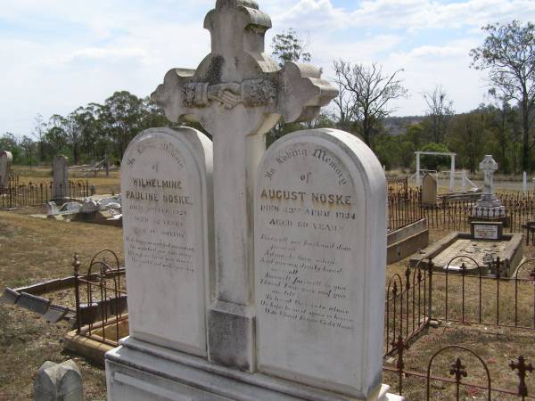 Wilhelmine Pauline NOSKE,  | died 9 Feb 1928 aged 52 years 11 months;  | August NOSKE,  | died 23 Apr 1924 aged 60 years;  | Douglas Lutheran cemetery, Crows Nest Shire  | 