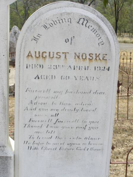 Wilhelmine Pauline NOSKE,  | died 9 Feb 1928 aged 52 years 11 months;  | August NOSKE,  | died 23 Apr 1924 aged 60 years;  | Douglas Lutheran cemetery, Crows Nest Shire  | 